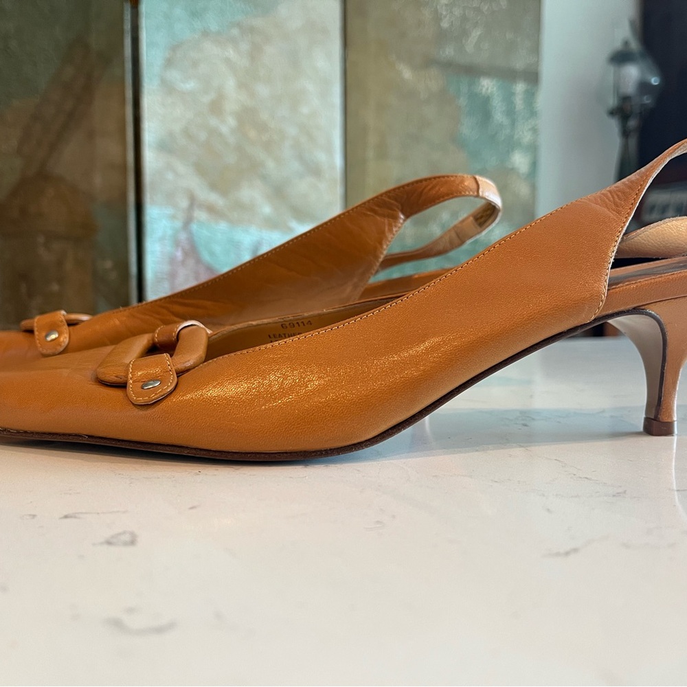 J. Crew Tan leather Slingback Kitten Heels with peekaboo buckle